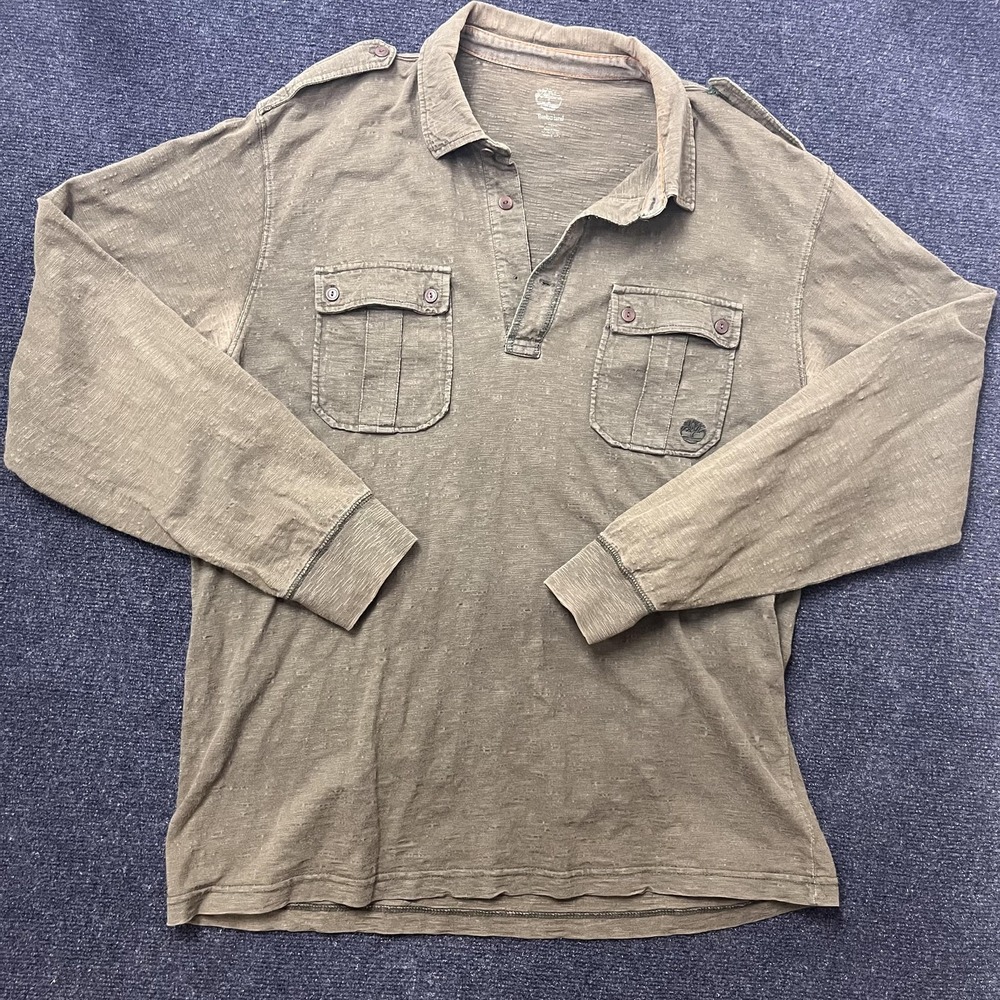 Y2K Timberland‎ Polo Shirt Mens Large Green Long Sleeve Utility Pockets Logo